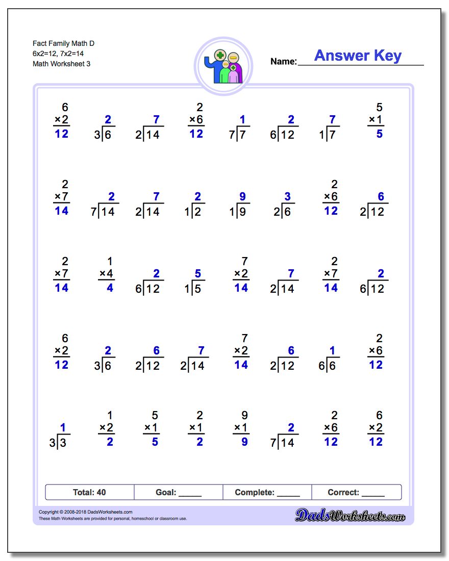 Fact Family Math D 6x2=12, 7x2=14 Worksheet