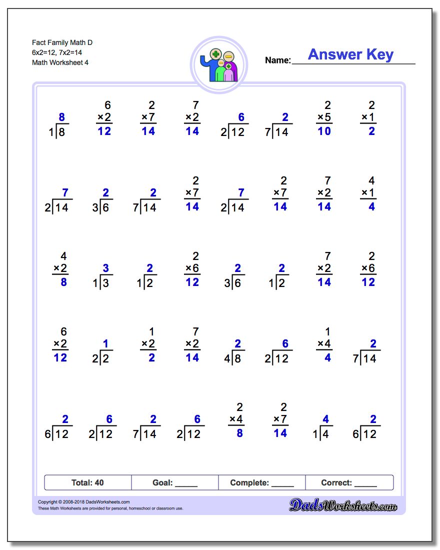 Fact Family Math D 6x2=12, 7x2=14 Worksheet