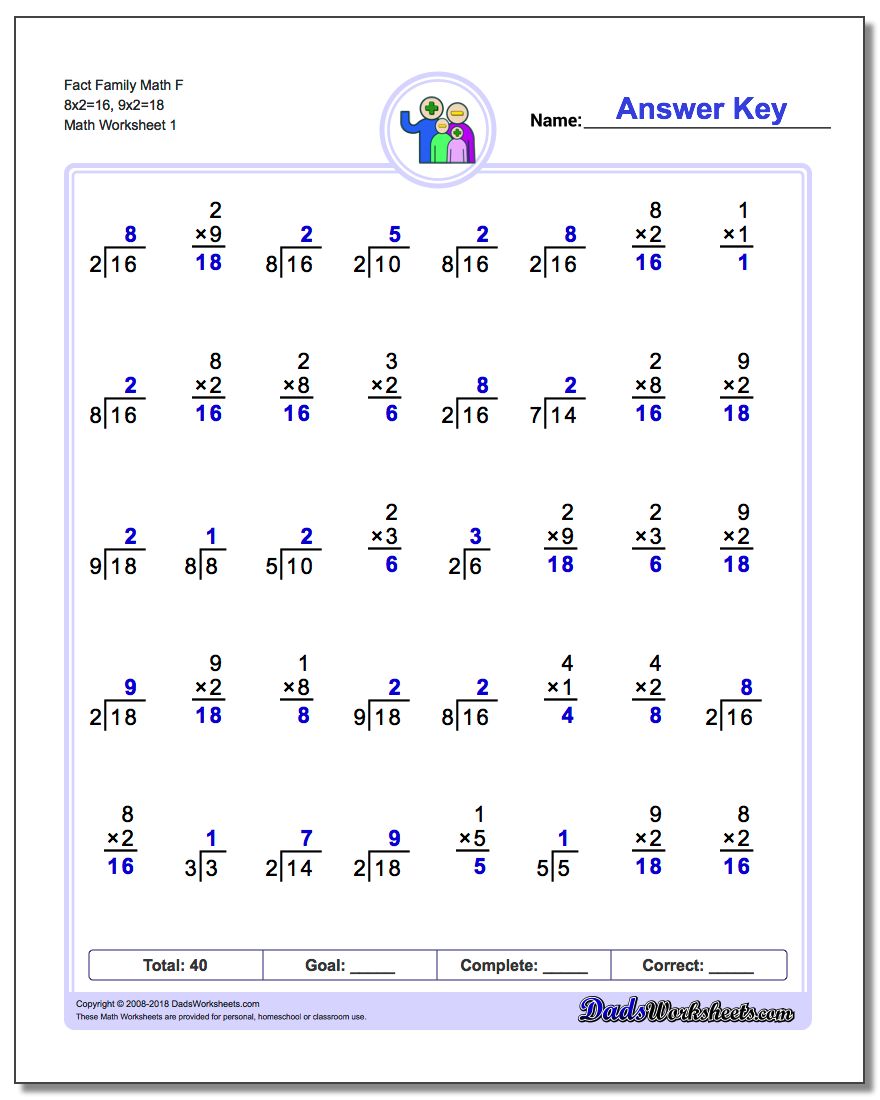 Fact Family Worksheet Math F 8x2=16, 9x2=18