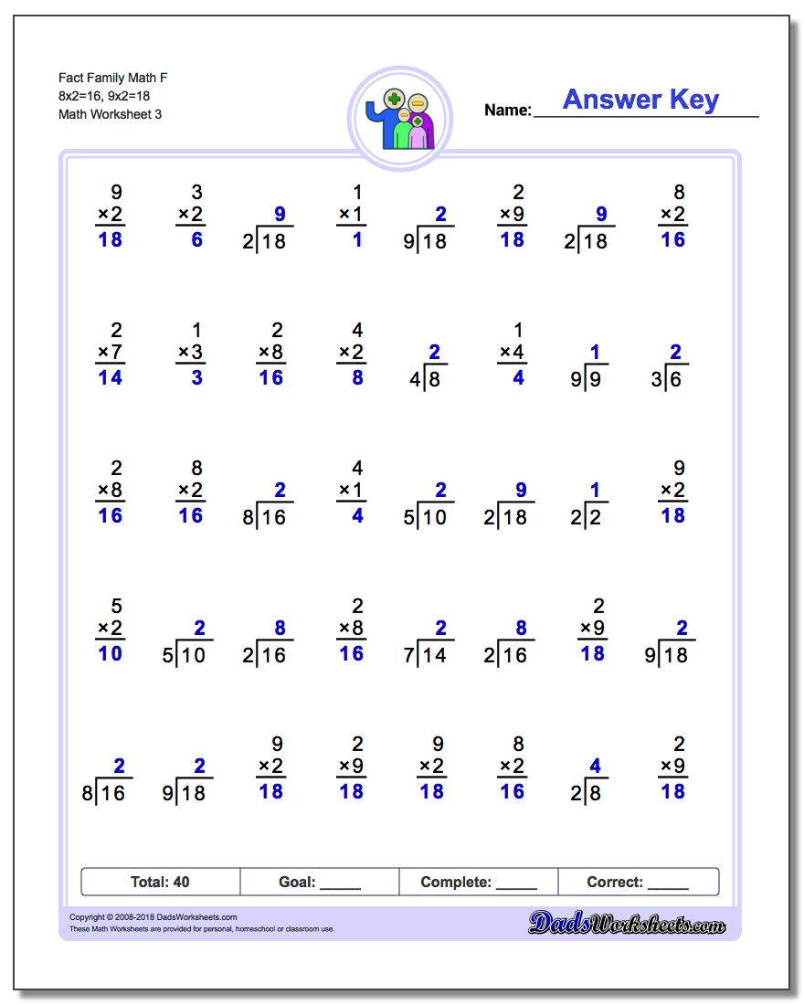 Fact Family Math F 8x2=16, 9x2=18 Worksheet