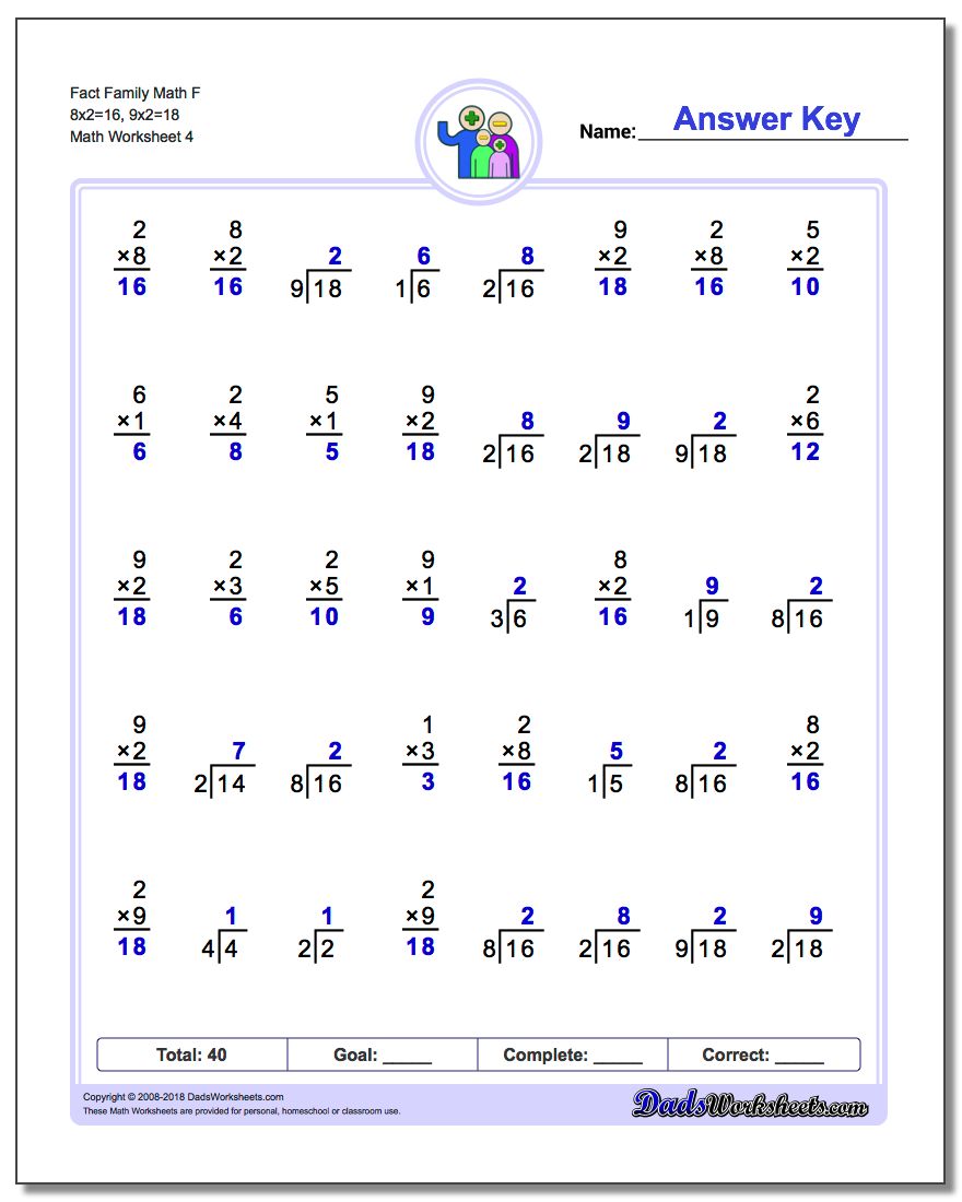 Fact Family Math F 8x2=16, 9x2=18 Worksheet