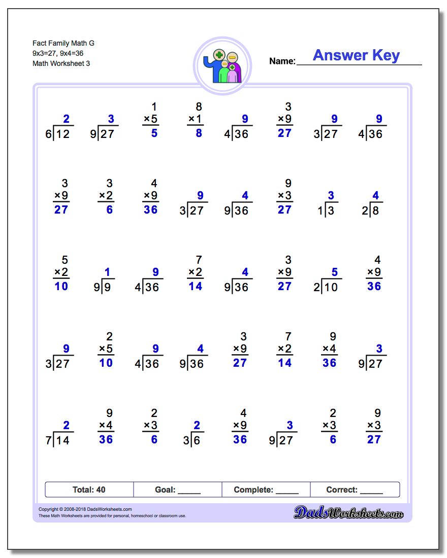 Fact Family Math G 9x3=27, 9x4=36 Worksheet