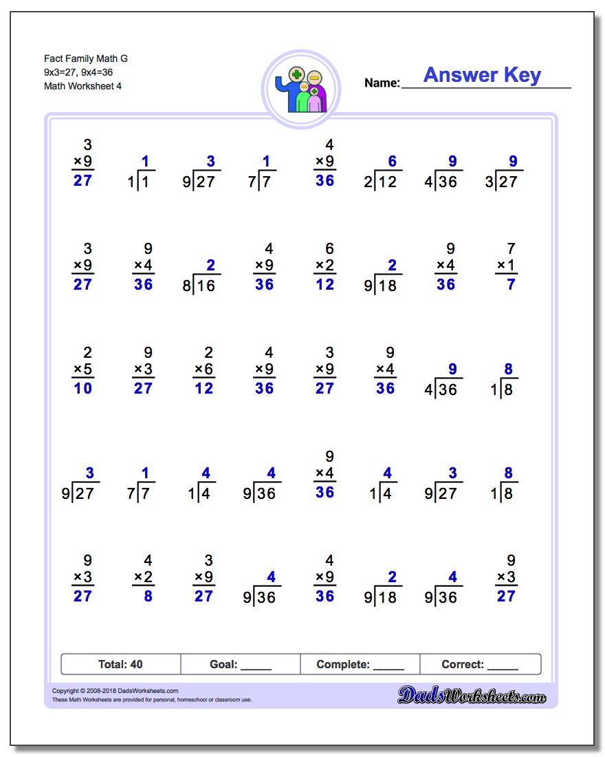 Fact Family Math G 9x3=27, 9x4=36 Worksheet