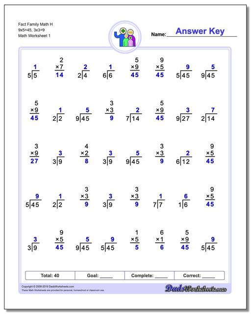 fact family worksheets one minute multiplicationdivision