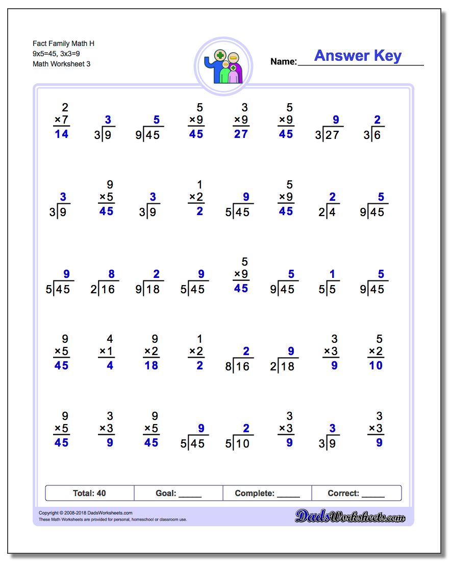Fact Family Math H 9x5=45, 3x3=9 Worksheet