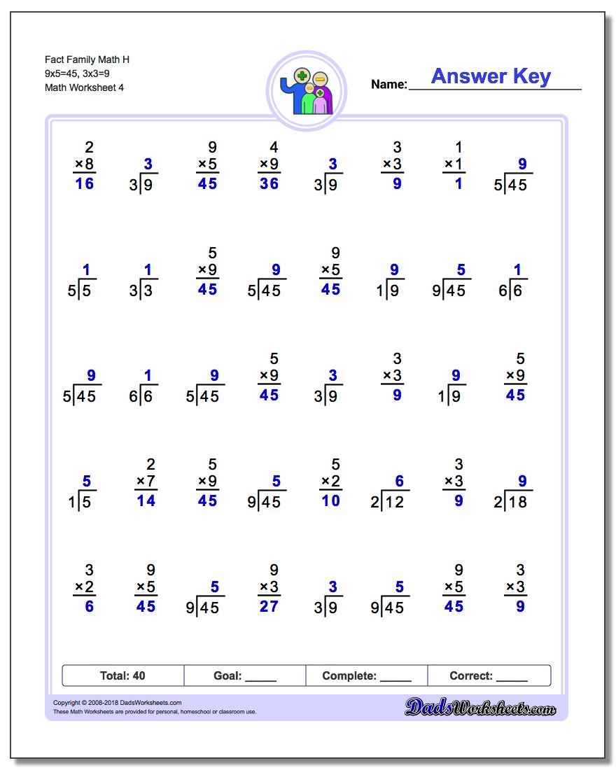 Fact Family Math H 9x5=45, 3x3=9 Worksheet