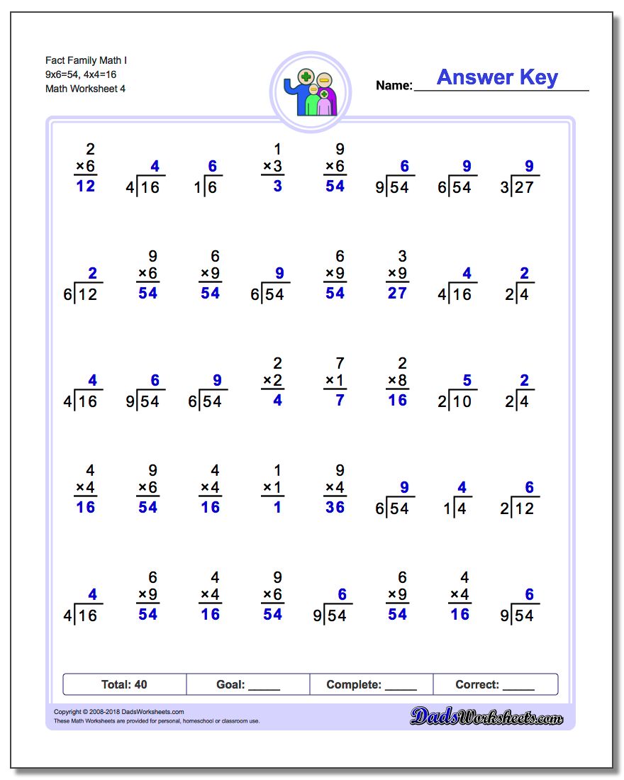 Fact Family Math I 9x6=54, 4x4=16 Worksheet