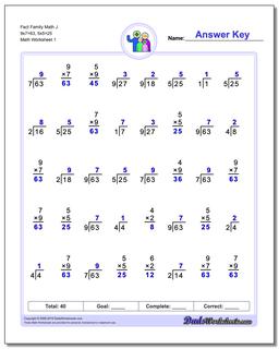 Fact Family Worksheet Math J 9x7=63, 5x5=25