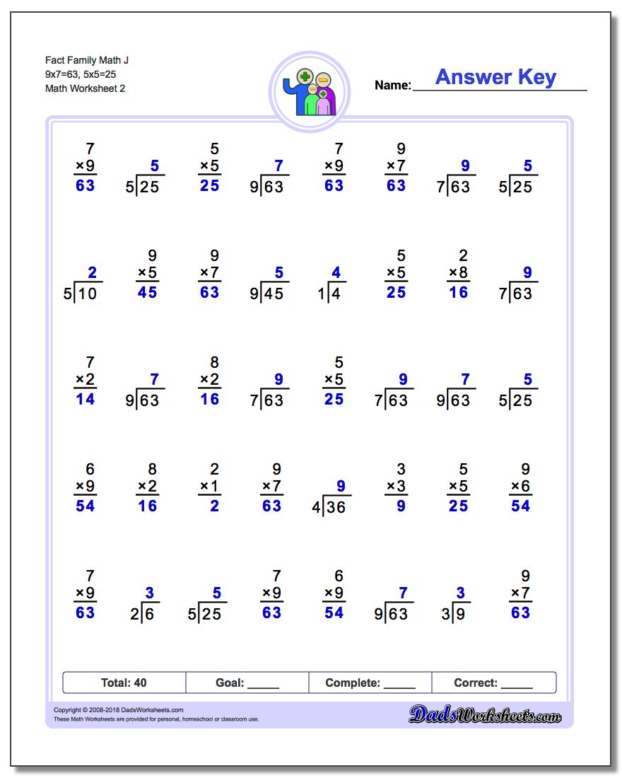 Fact Family Math J 9x7=63, 5x5=25 www.dadsworksheets.com/worksheets/fact-family-math.html Worksheet