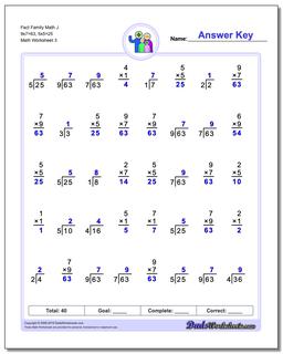 Fact Family Math J 9x7=63, 5x5=25 Worksheet