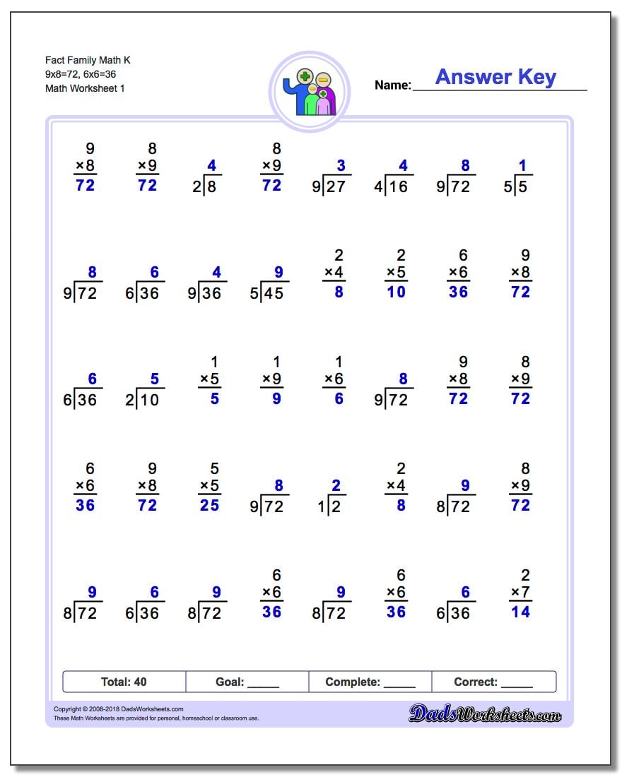 Fact Family Worksheet Math K 9x8=72, 6x6=36