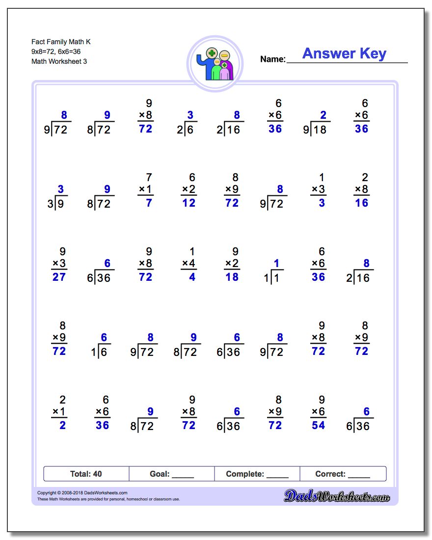 Fact Family Math K 9x8=72, 6x6=36 Worksheet