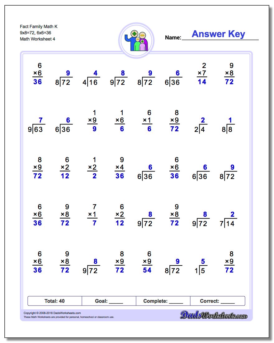 Fact Family Math K 9x8=72, 6x6=36 Worksheet