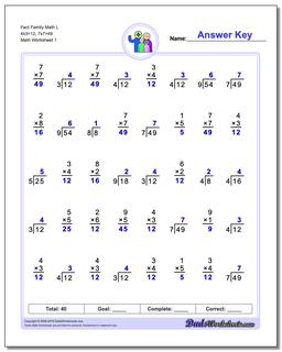 Fact Family Worksheet Math L 4x3=12, 7x7=49