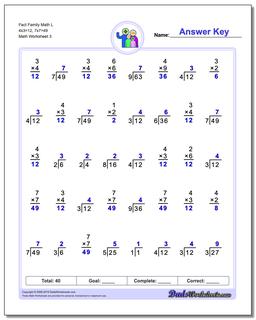 Fact Family Math L 4x3=12, 7x7=49 Worksheet