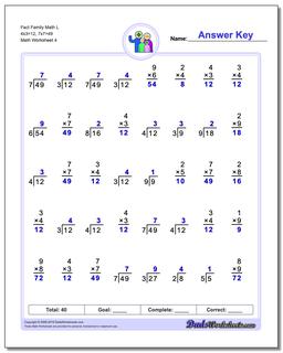 Fact Family Math L 4x3=12, 7x7=49 Worksheet