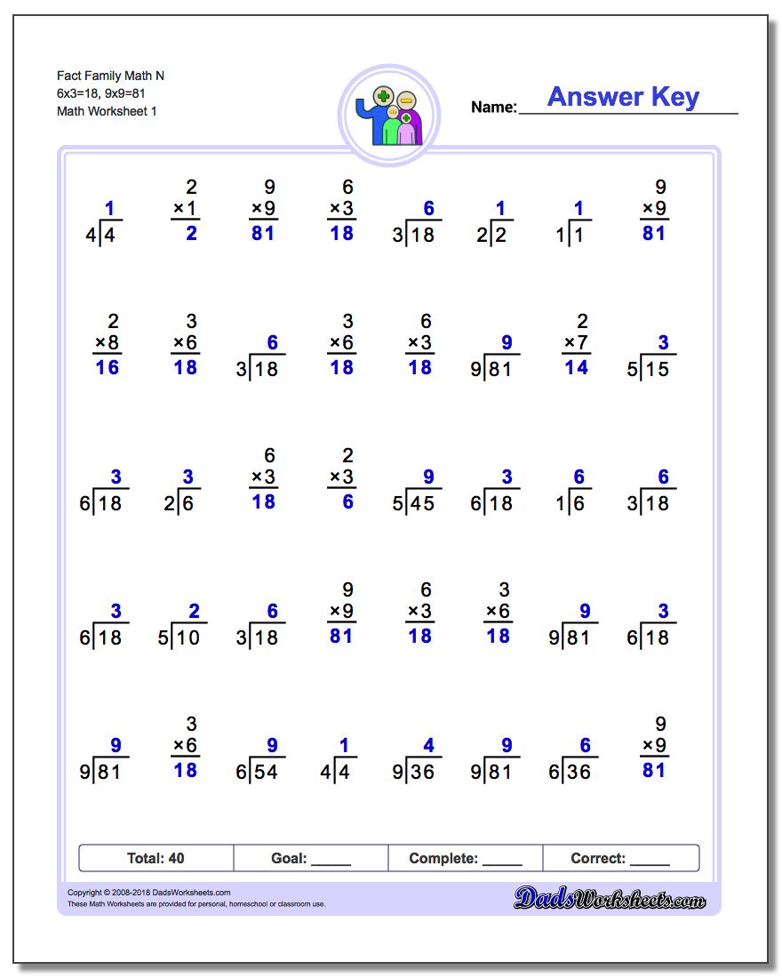 Fact Family Worksheet Math N 6x3=18, 9x9=81