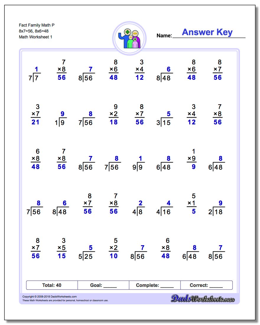 Fact Family Worksheet Math P 8x7=56, 8x6=48
