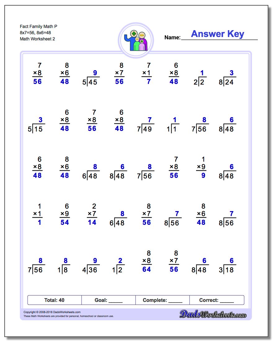 Fact Family Math P 8x7=56, 8x6=48 www.dadsworksheets.com/worksheets/fact-family-math.html Worksheet