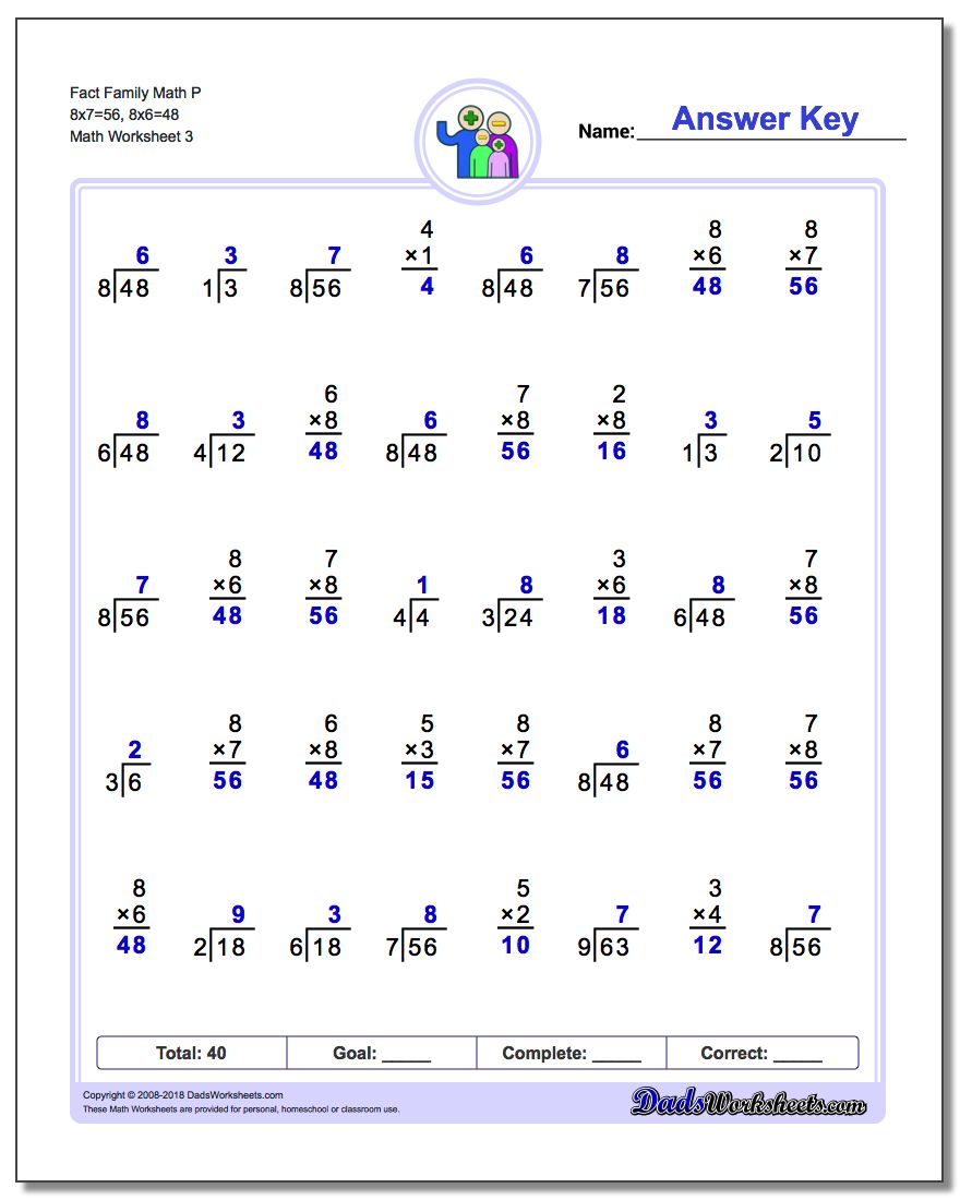 Fact Family Math P 8x7=56, 8x6=48 Worksheet