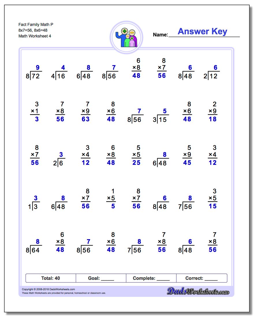 Fact Family Math P 8x7=56, 8x6=48 Worksheet