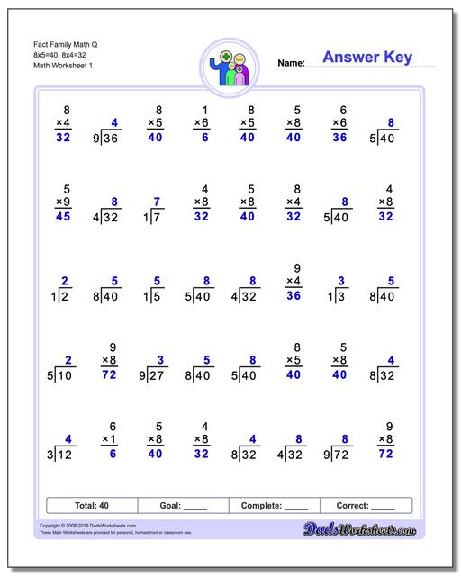 fact family worksheets one minute multiplicationdivision