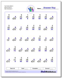 Fact Family Worksheet Math Q 8x5=40, 8x4=32