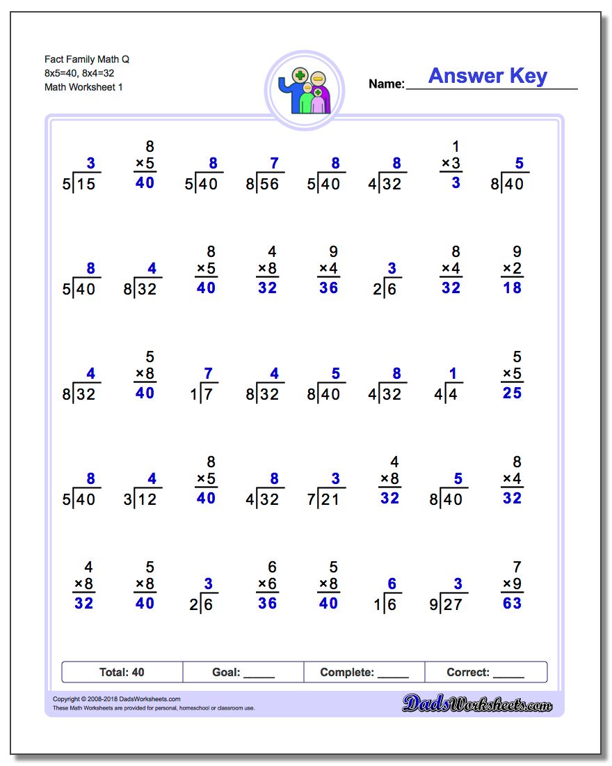 Fact Family Worksheet Math Q 8x5=40, 8x4=32