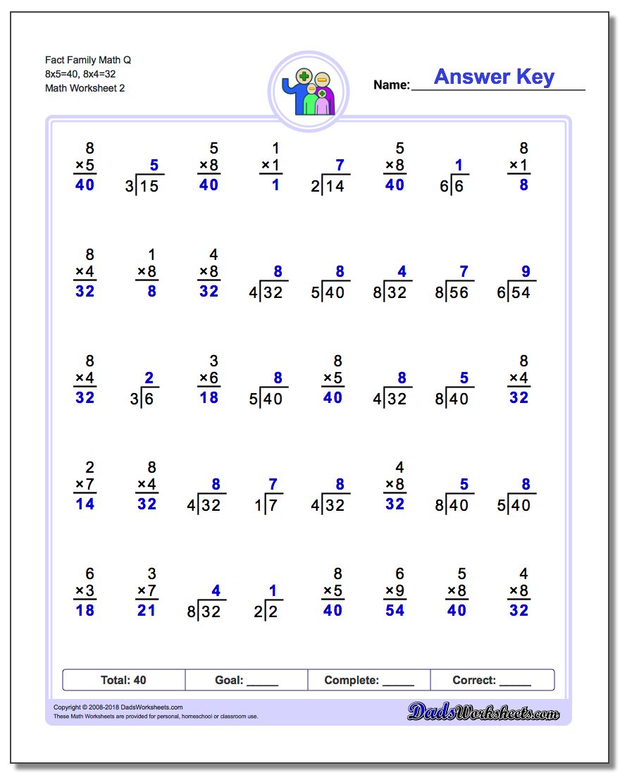 Fact Family Math Q 8x5=40, 8x4=32 www.dadsworksheets.com/worksheets/fact-family-math.html Worksheet