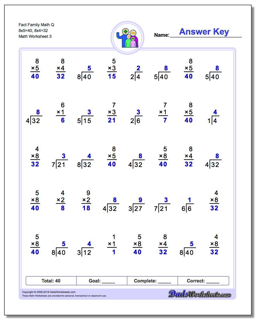 Fact Family Math Q 8x5=40, 8x4=32 Worksheet