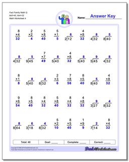 Fact Family Math Q 8x5=40, 8x4=32 Worksheet