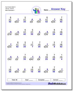 Fact Family Worksheet Math R 7x6=42, 7x5=35