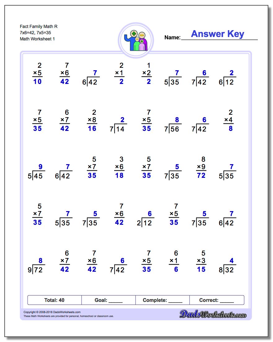 Fact Family Worksheet Math R 7x6=42, 7x5=35