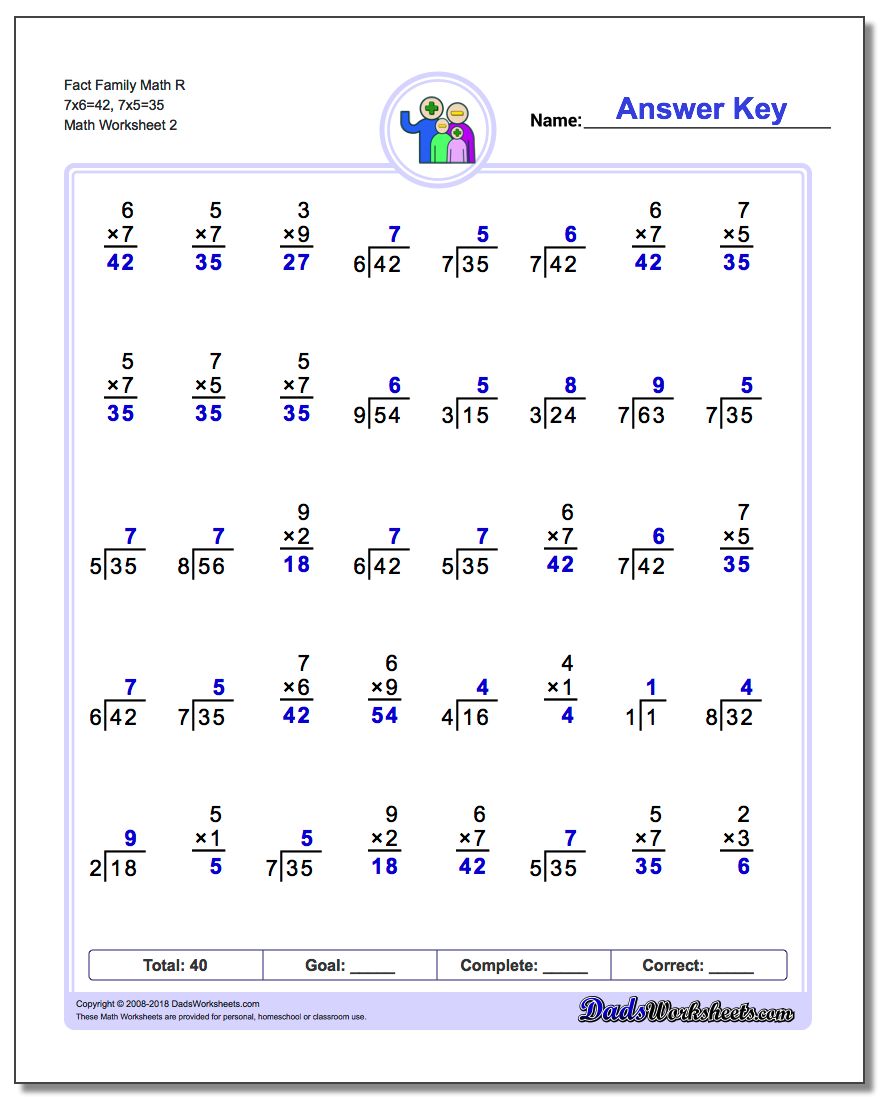 Fact Family Math R 7x6=42, 7x5=35 www.dadsworksheets.com/worksheets/fact-family-math.html Worksheet