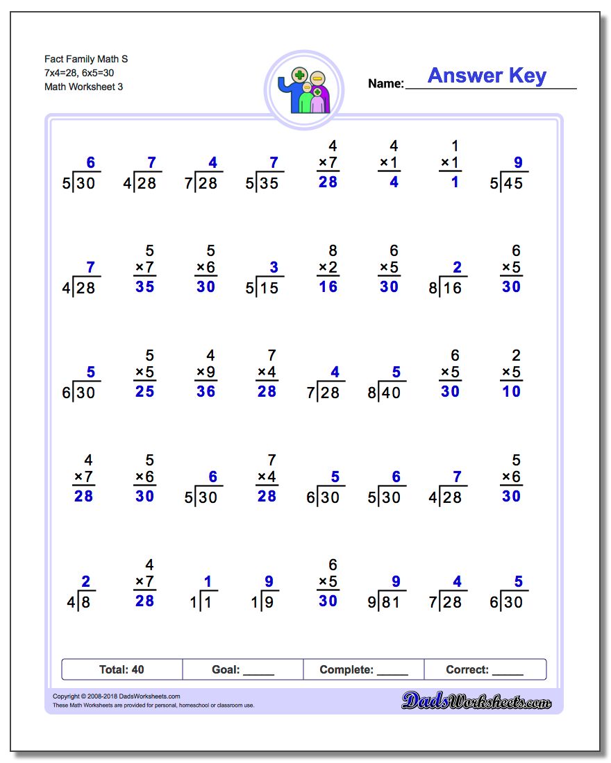 Fact Family Math S 7x4=28, 6x5=30 Worksheet