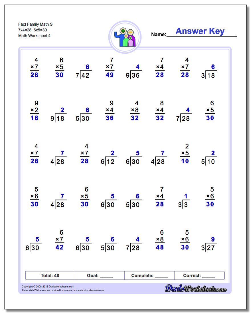 Fact Family Math S 7x4=28, 6x5=30 Worksheet