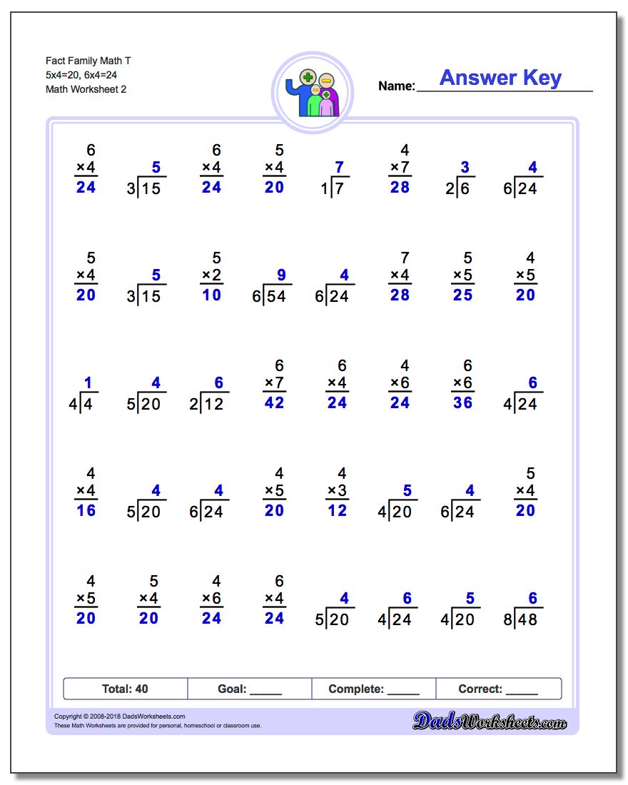 Fact Family Math T 5x4=20, 6x4=24 www.dadsworksheets.com/worksheets/fact-family-math.html Worksheet
