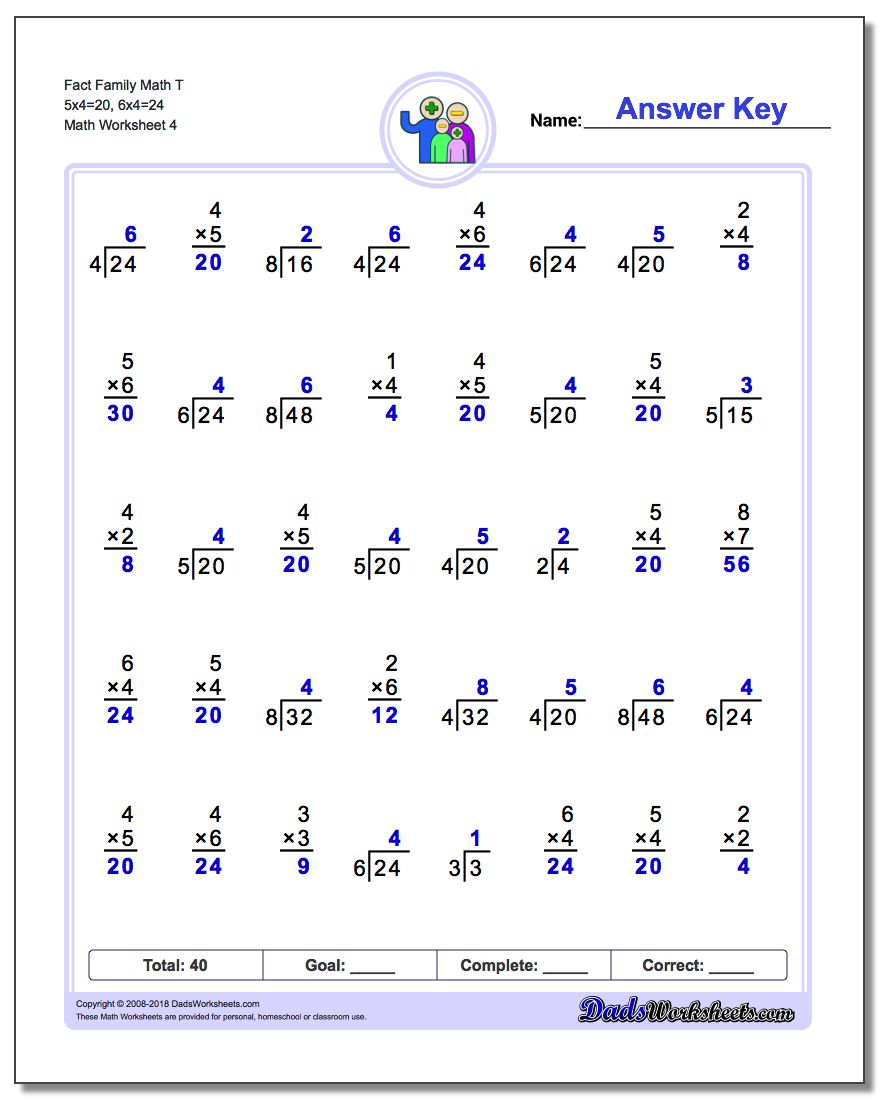 Fact Family Math T 5x4=20, 6x4=24 Worksheet