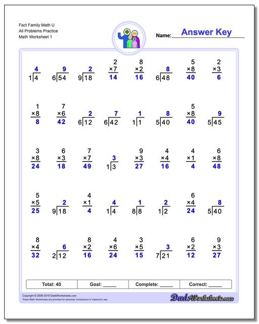 fact family worksheets one minute multiplicationdivision