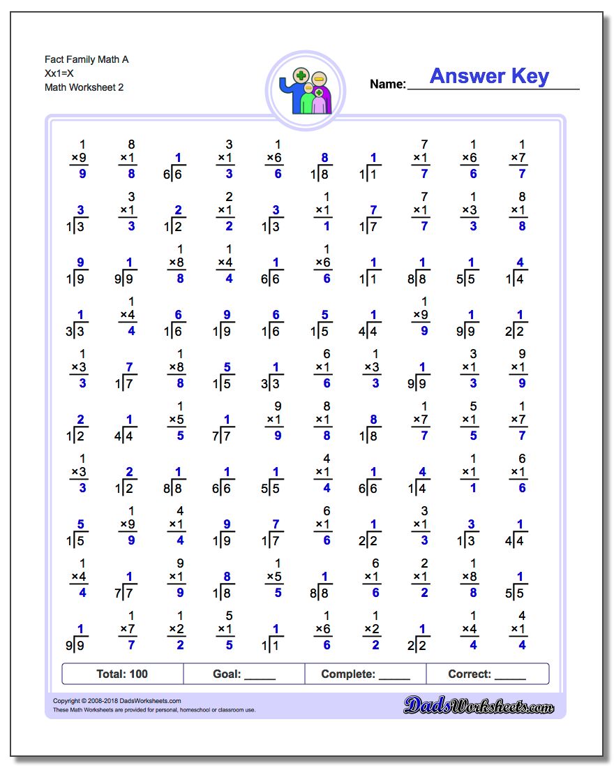 Fact Family Math A Xx1=X www.dadsworksheets.com/worksheets/fact-family-math.html Worksheet