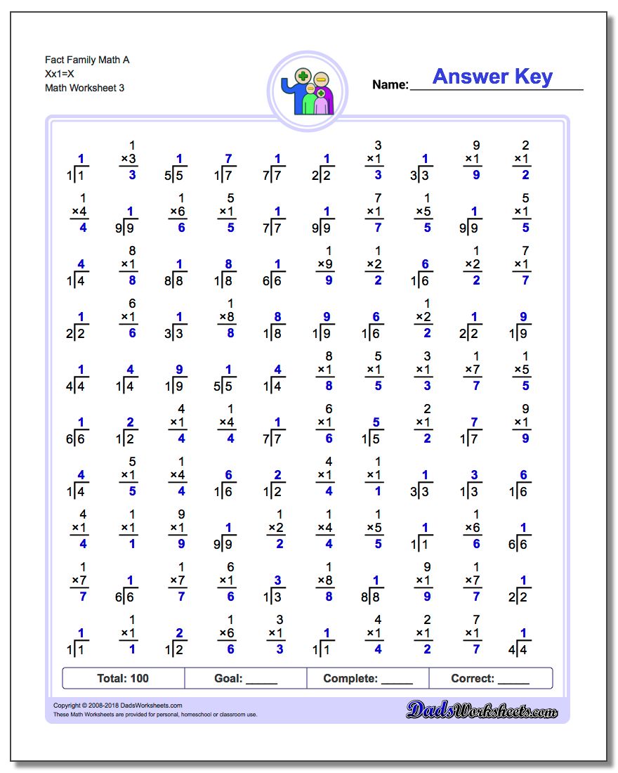 Fact Family Math A Xx1=X Worksheet