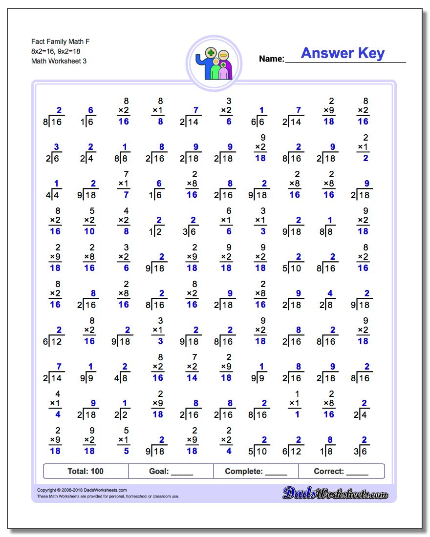 Fact Family Math F 8x2=16, 9x2=18 Worksheet
