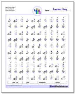 Fact Family Math F 8x2=16, 9x2=18 Worksheet