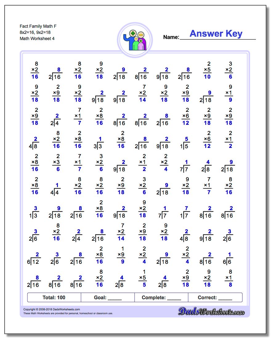 Fact Family Math F 8x2=16, 9x2=18 Worksheet
