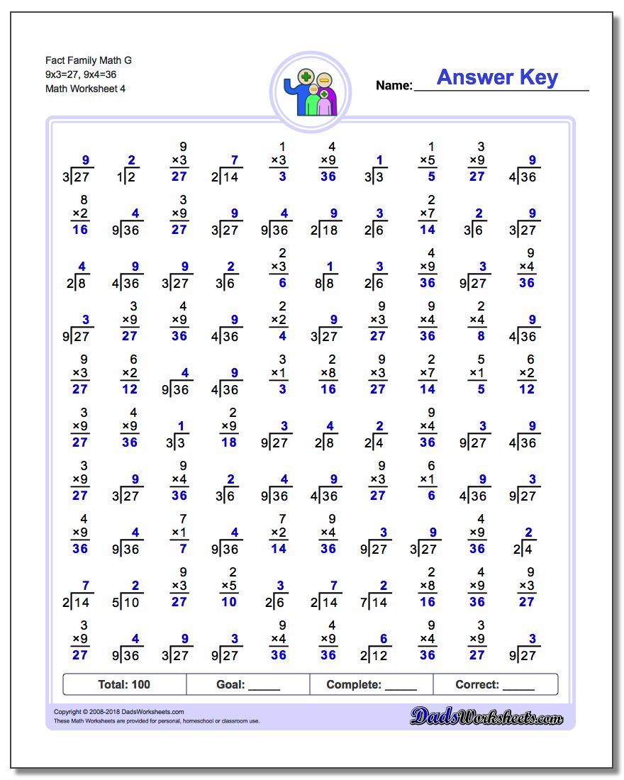 Fact Family Math G 9x3=27, 9x4=36 Worksheet
