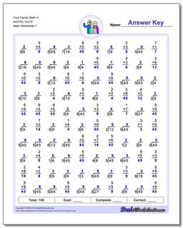 Fact Family Worksheet Math H 9x5=45, 3x3=9