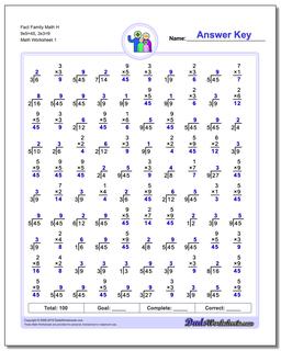 Fact Family Worksheet Math H 9x5=45, 3x3=9