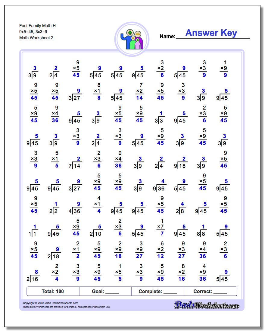Fact Family Math H 9x5=45, 3x3=9 www.dadsworksheets.com/worksheets/fact-family-math.html Worksheet