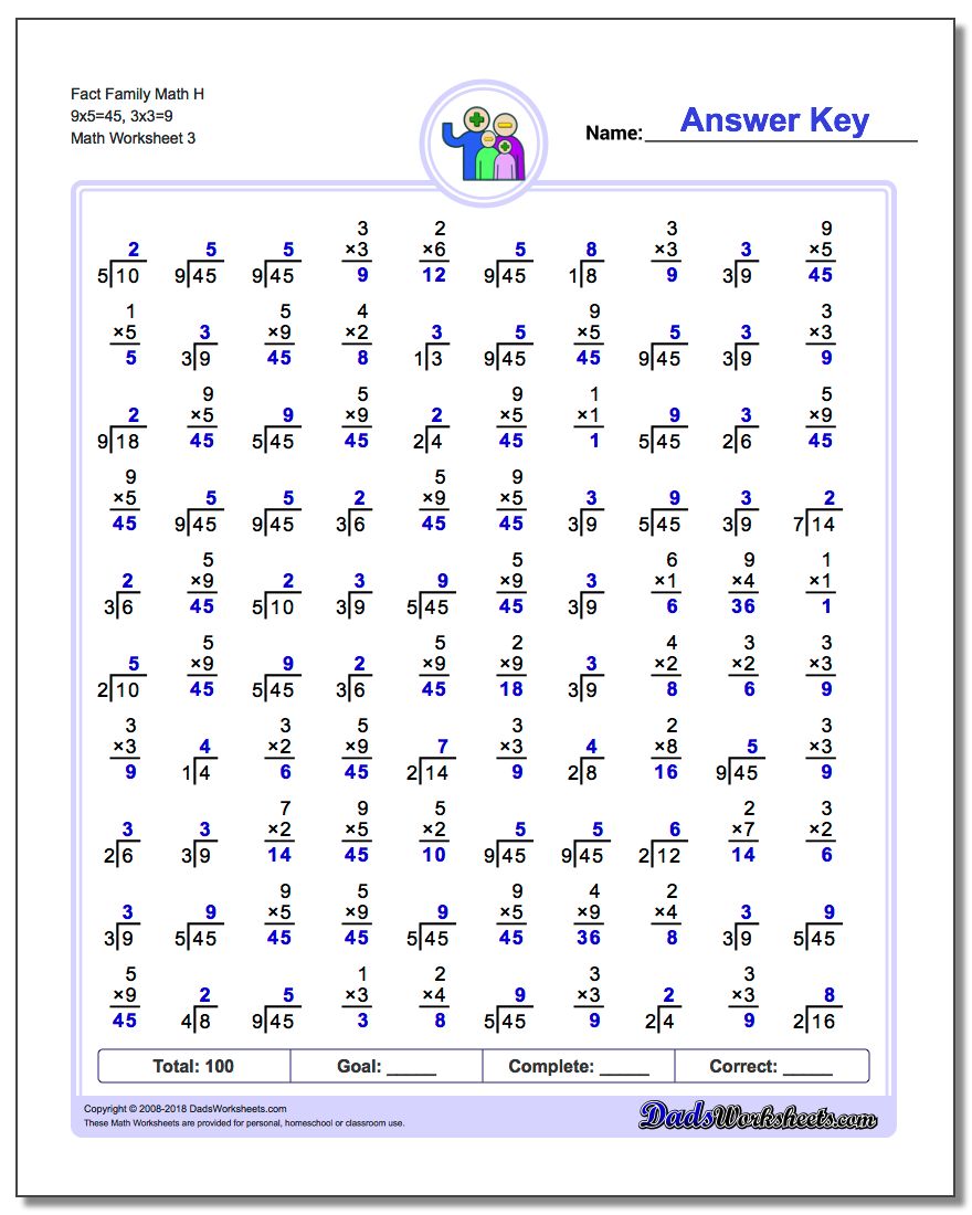 Fact Family Math H 9x5=45, 3x3=9 Worksheet