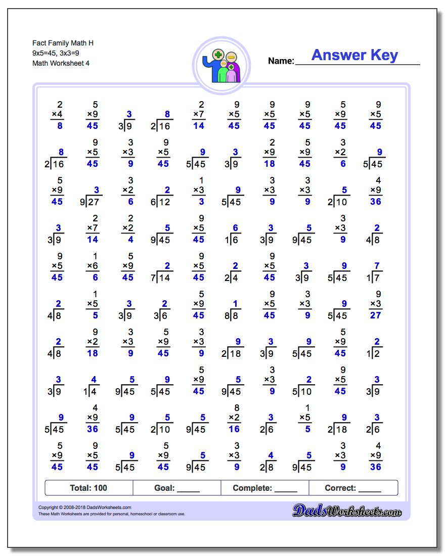 Fact Family Math H 9x5=45, 3x3=9 Worksheet